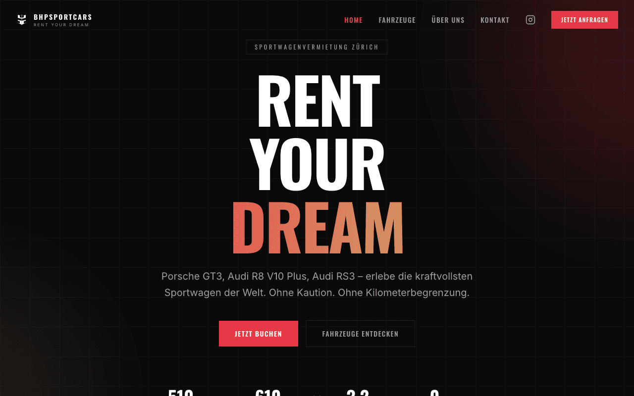 BHP Sport Cars — Sportwagenvermietung Zürich. Dark Design mit Fahrzeug-Showcase und Buchungsanfrage.