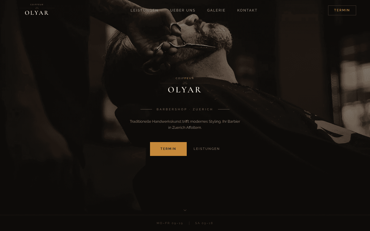 Coiffeur Olyar — Premium-Barbershop-Website mit modernem Service-Menü und Formularvalidierung.