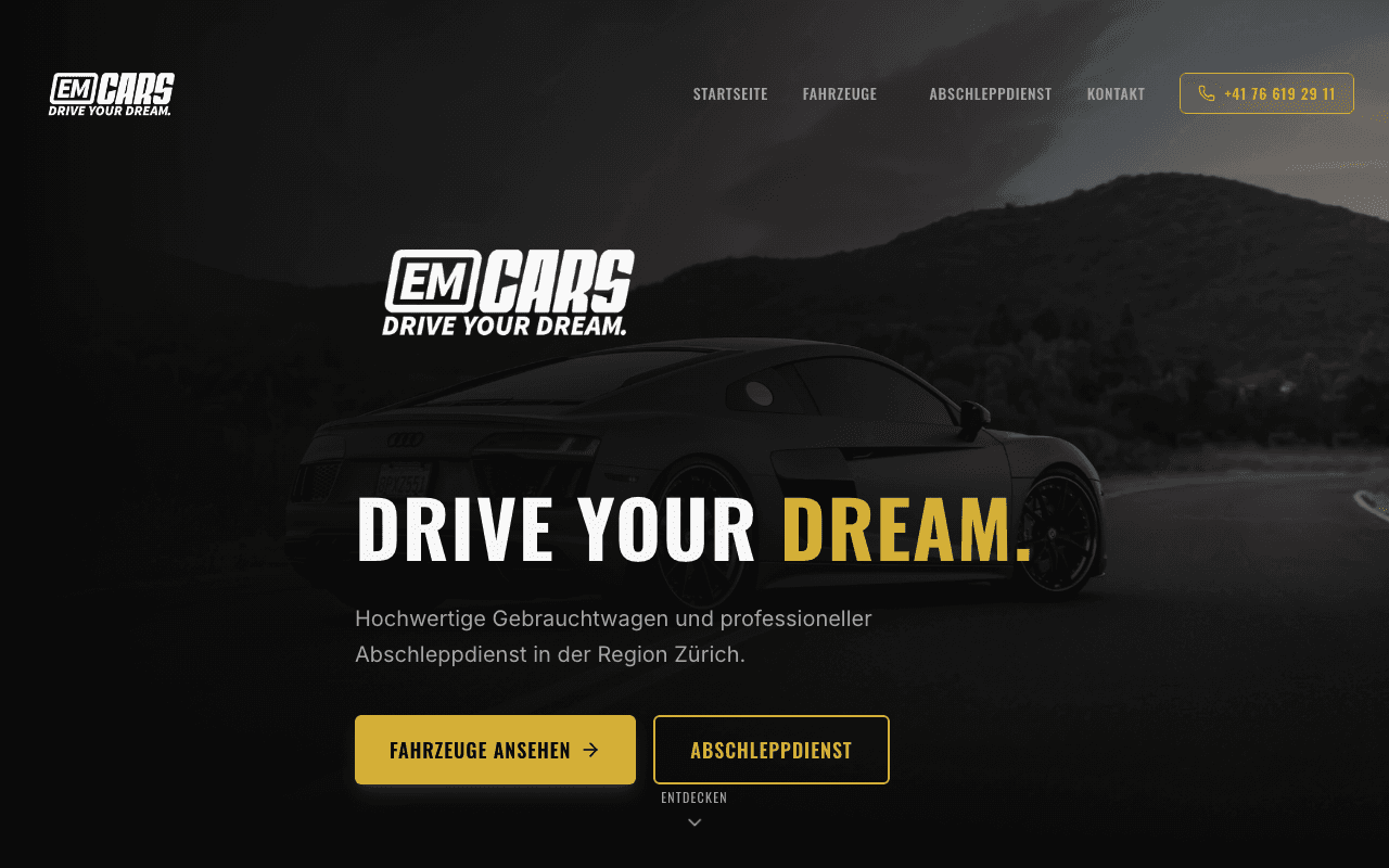EM Cars — Premium-Automotive-Website mit Dark Design und deutscher Lokalisierung.