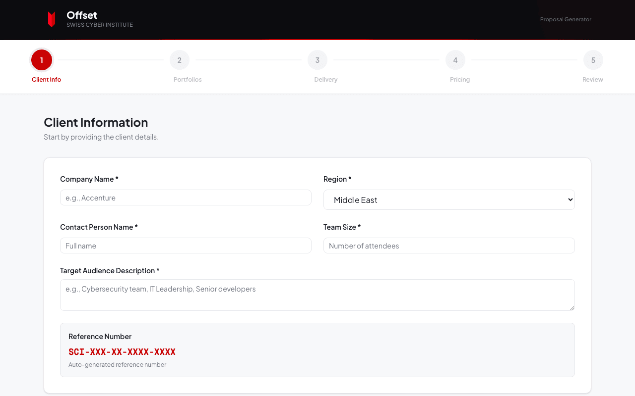 Offset — Interaktiver Proposal-Generator für Corporate-Training-Programme. 5-Schritt-Wizard mit dynamischer Preiskalkulation, Modul-Konfigurator und AI-gestützter Angebotserstellung.
