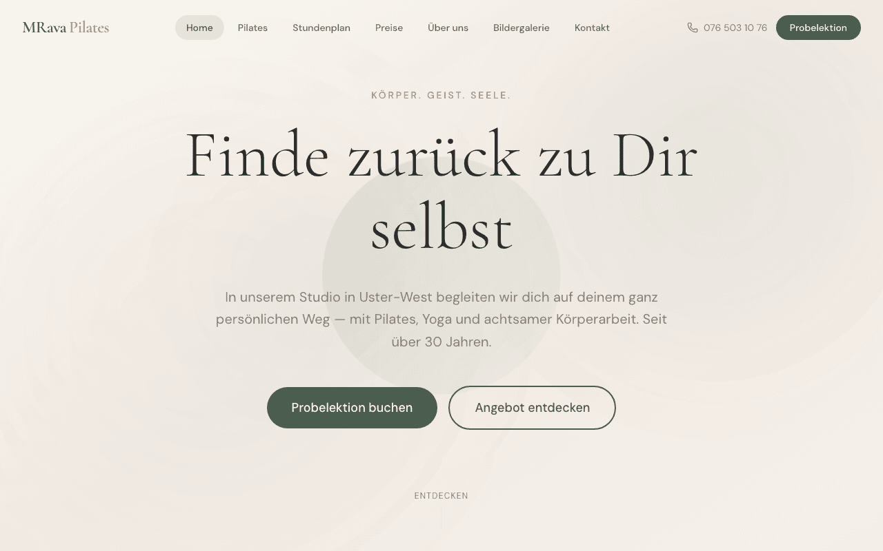 Mrava Pilates — Pilates-Studio-Website mit Kursübersicht, Preisen und Buchungsfunktion.