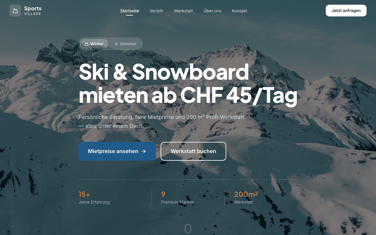 Sports Village — Sportanlage-Website mit saisonalem Toggle und Hero-Video-Background.